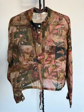 Women’s Lightweight Floral Button-Up Blouse - Pink & Olive
